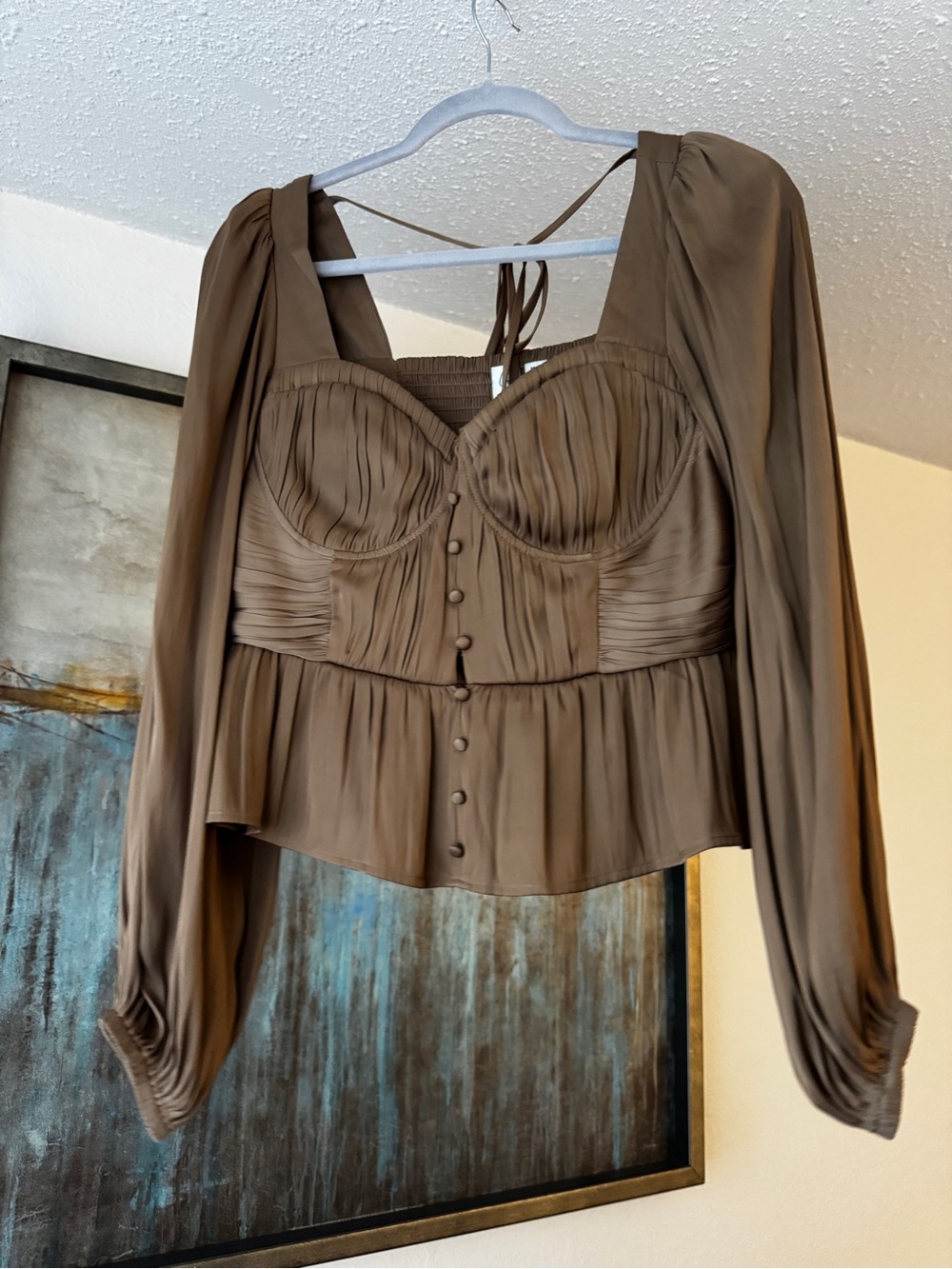 Joie Brown Pleated Peplum Long-Sleeve Blouse